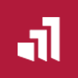 White ascending bar chart icon on a red square background.