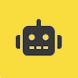 Simple black robot face icon with eyes, mouth, and antenna on yellow background.