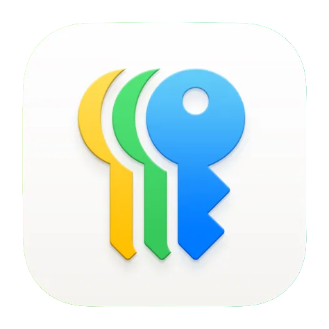 Three stylized keys in yellow, green, and blue arranged side by side.
